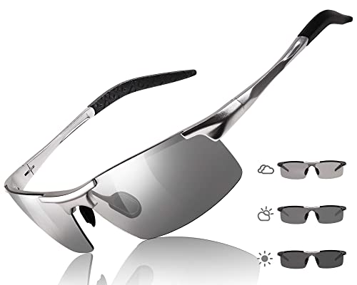 TJUTR Mens Polarized Photochromic Sunglasses Day & Night Driving Glasses Anti Glare | Ideal for Low to Medium Light Condition (Silver Grey Photochromic Polarized Lens)