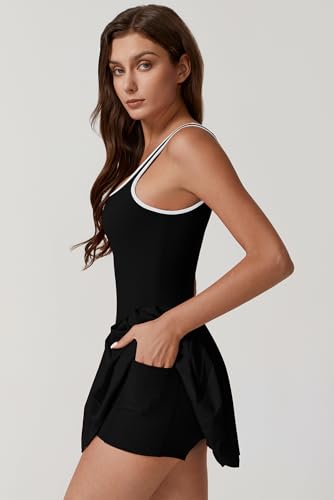 Image of QINSEN Womens Square Neck Tennis Dress Pleated Sleeveless Built in Shorts Golf Athletic Dress with Pockets