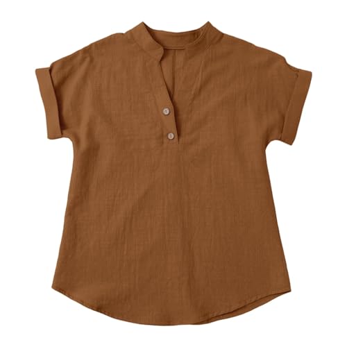 Girls Cotton Linen Shirts Summer Button up V Neck Tunic Blouses 2025 Kids Trendy Lightweight Casual Solid Girls Dressy Tops