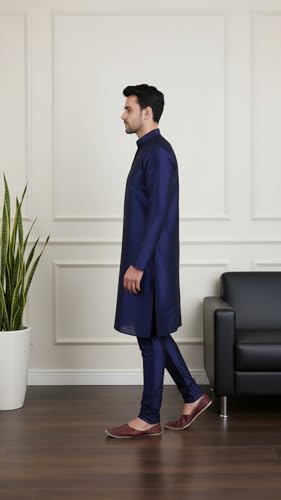 Image of SadreeMen's Silk Blend|Classic|Occassion|Ethinic|Full Sleeve|Mandirn Collor|Knee Length|Solid Colour|Light Weight|Comfort|Regular Fit Kurta Pyjama Set