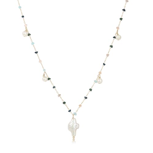 Long Boho Pearl Necklace for Women – 18K Gold Plated with Natural Baroque Cross Pearl & Multi-Gemstones, Handmade Layered Jewelry, Elegant Gift for Mom, Birthday, Anniversary
