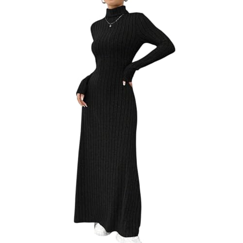 Strickkleid Damen Lang Rollkragen Winter Pulloverkleid Damen Elegant A Linie Winterkleid Maxi Strick Herbstkleid Langarm Curvy Pullikleid Geripptes...