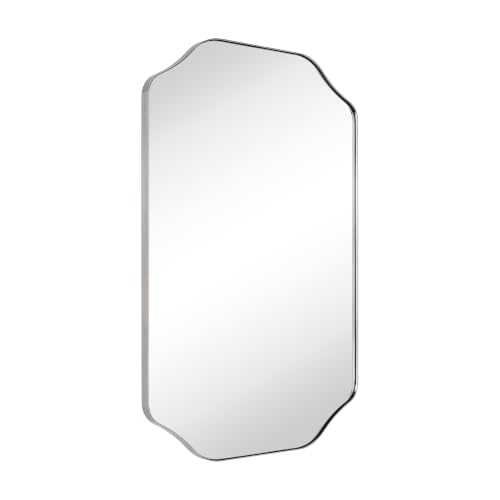 Image of TEHOME Brushed Nickel Scalloped Bathroom Vanity Mirror 24x36'' Decorative Silver Metal Framed Asymmetrical Bathroom Mirror