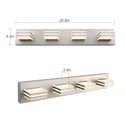 Image of 4-Light LED Brushed Nickel Vanity Lights for Bathroom Light Fixtures Adjust 3 Colors Modern Bath Lighing Over Mirror LED Vanity Light 27inch