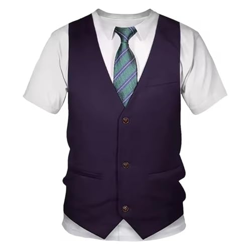 T-shirt à manches courtes pour homme - Col rond - Avec chemise - Gilet de costume - Cravate - Imprimé amusant - Pour fête - Loisirs - Mode - Vêtement...