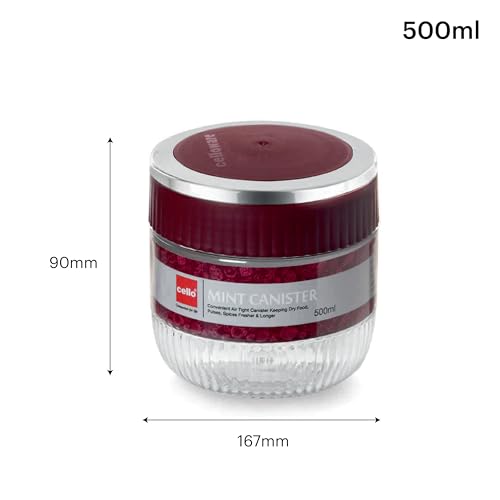 Image of CELLO Mint Storage Canister For Kitchen Set of 2, (500 ml x 2), Maroon | Food Grade, Stackable, See Through |Nestable Storage Pet Container with Lid for Food, Pulses, Spice, Cereals, Cookies,Dry Food