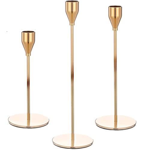 REVHQ Gold Candle Holders,Set of 3 fit for 3/4" Tall Taper Yellow Gold Candlestick&Led Modern Metal Candles, Elegant Stands Decorative Table Centerpieces for Dinning Party Church,Decorative Fitting