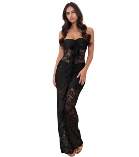 Image of PORRCEY Women's Sexy Rhinestone Lace Sheer Mesh Formal Evening Dress