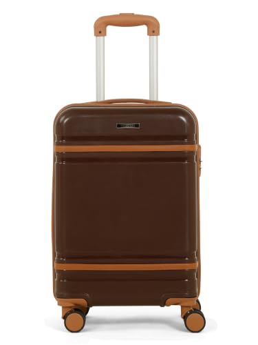 Image of Teakwood Cabin Size 8 Wheels Trolley Bag, Hard Cabin with Zipper Closure, Adjustable Push Button & Cross Side Strap, Number Lock System 360 Degree (Small, Brown)