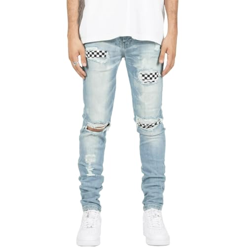 Jeans Pants Trouser Denim Ripped Hole Street Trendy Elastic Tight Fitting Washed Blue Ground White Small Leg for Men