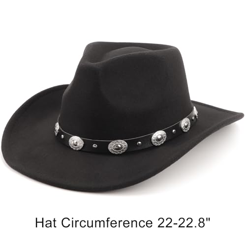 Image of DRESHOW Women Men Classic Felt Wide Brim Western Cowboy & Cowgirl Cap Belt Buckle Retro Panama Hat Unisex Rolled up Caps