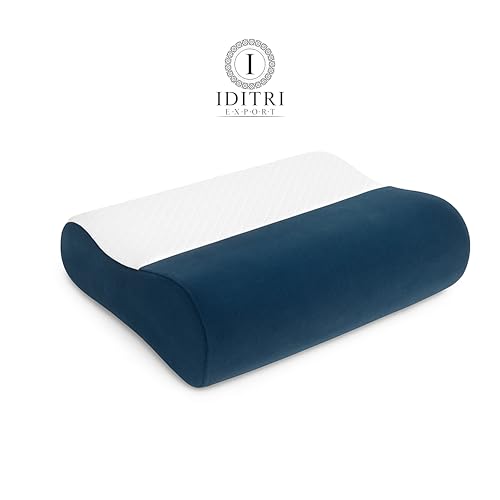 Image of Orthopedic Memory Foam Pillow Set of 2, Cervical Contour for Shoulder Pain Relief, Breathable Jacquard Velvet Cover with Protective Inner Case, Blue, 60 x 35 x 12 cm