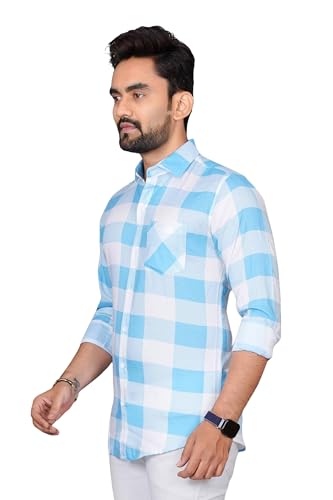 Image of Voroxy Men's Casual Checks Shirt with Pockets Cotton Blend Stylish Branded Checkered Pattern Formal Shirt & Regular Fit Full Sleeves and Spread Collar Style