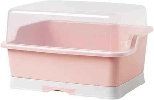 FeiFan 水切りラック食器収納 大容量 防塵 防汚 防虫 抗菌 食器用水切りカゴ ふた付き 多機能食器乾燥ボックス 台所用品収納ボックス キッチン 収納ボックス 多機能かご 洗い物 お掃除用 家庭/業務用 食器置き (Medium,ピンク)