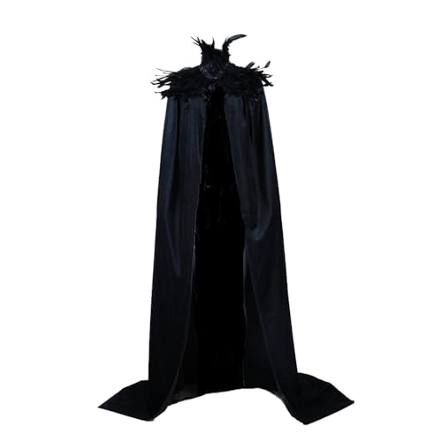 Yoodeet Unisex Gothic Black Witch Velvet Cape Feather Stand Collar Cloak Women Costume Robes Party Costume Extra Long Cape for Men