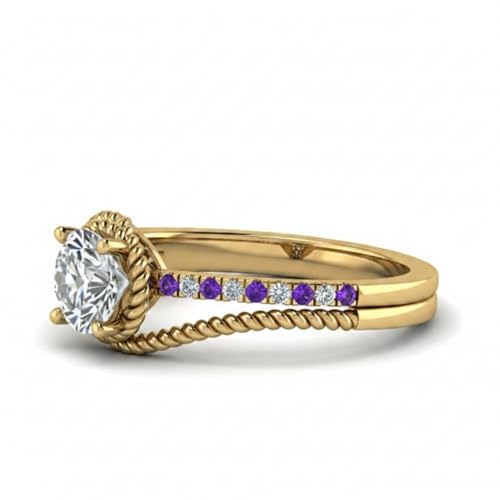 Image of Choose Your Gemstone Rope Split Shank Diamond CZ Ring Yellow Gold Plated Round Shape Split Shank Engagement Ring Minimal Modern Design Birthday Gift Wedding Gift US Size 4 to 12