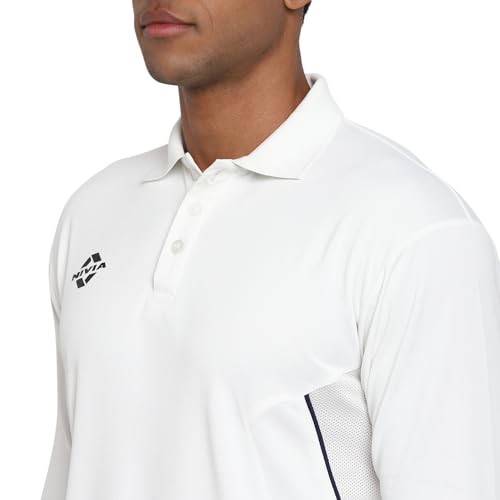 Image of Nivia Crick-1000 Cricket Jersey for Men, Micro Dotknit Breathable Fabric, Quick Dry Moisture Wicking Technology, Regular Full Sleeves Athletic Fit, Off White Match and Practice Wear