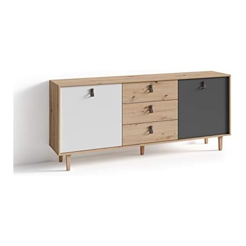 byLIVING Sideboard BILL / Kommode Artisan Eiche Optik hellbraun / Schrank mit 2 Tür und 3 Schubkästen / Fronten in weiß und grau / Schlaufen-Griffe Cover