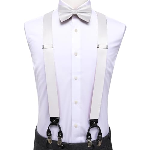 Image of Hi-Tie Men Suspender Bowtie Set Suspenders Pre-tied Bow Tie Pocket Square Cufflinks Adjustable Y Shape 6 Clips Braces Tuxedo