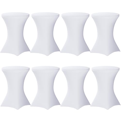 Image of Fixwal 8 Pack Spandex Cocktail Table Covers, 32x43 Inch White Fitted Stretch Highboy Round Cover Table Cloth for Party, Bar, Pub, Wedding, Banquet