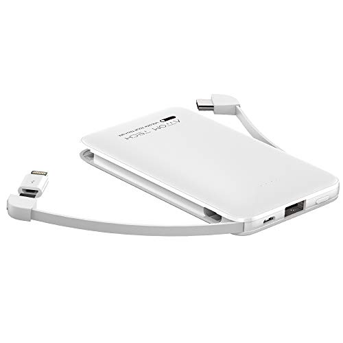 Universal Built-in Cable Ultra Compact 5000-mah Super Slim Power Bank Ultra Small, Attom Tech Pocket Size Mini Portable Charger External Phone Battery Pack Small,Emergency Phone Power Backup (White)
