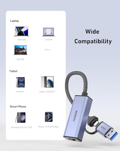 Image of BENFEI USB 3.0 to Ethernet Adapter, USB C to RJ45 Gigabit LAN (1000Mbps) Network Adapter, Compatible with MacBook /Pro /Air, Surface Pro, Windows 11 /10 /8 /7, Mac OS [Aluminium Shell&Nylon Cable]