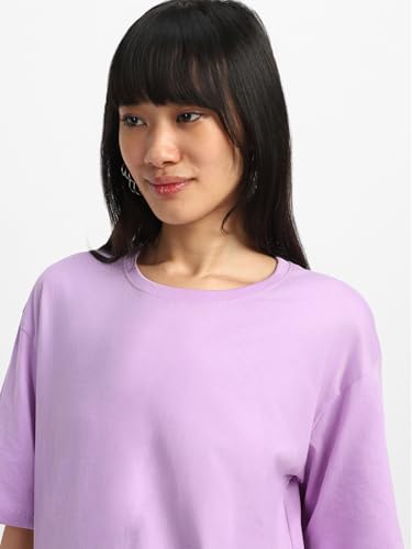 Image of JUNEBERRY Pure Cotton Oversized Baggy Fit Half Sleeve Drop Shoulder Plain Solid Round Neck T-Shirt for Women (Available in Black, White, Lilac, Cork, Maroon, Royal Blue, Swan White, Soap Nut Colors)