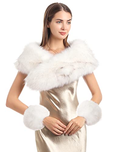 LA CARRIE Women's Faux Fur Wrist Cuffs & Long Collar Scarf White Winter 2pc Set
