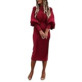 Generic Pulloverkleid Damen Elgant Einfarbig Laternenärmel Bodycon Kleid Businesskleid Rundhals Langarm Cocktailkleid Mode Allgleiches Minikleid Partykleid Ballkleid(A Wein,XXL)