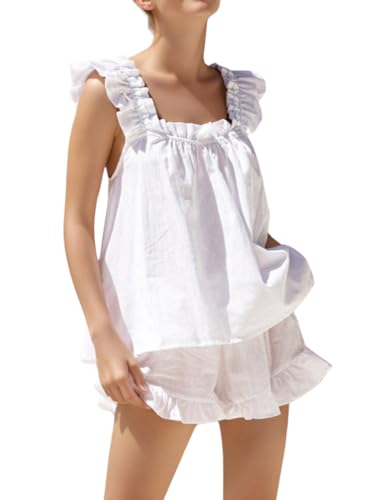 Womens Summer Pajama Sets 2 Piece Outfits Ruffle Trim Top and Shorts Cotton Loungewear Set