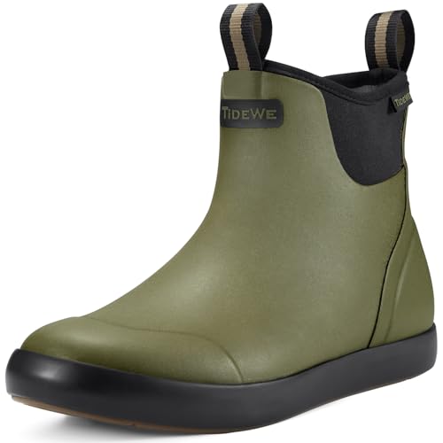 Image of TIDEWE Deck Boots for Men, Waterproof Fishing Boots, Slip On Neoprene Rubber Ankle Rain Boots for Boating (Olive Green, Size 10)