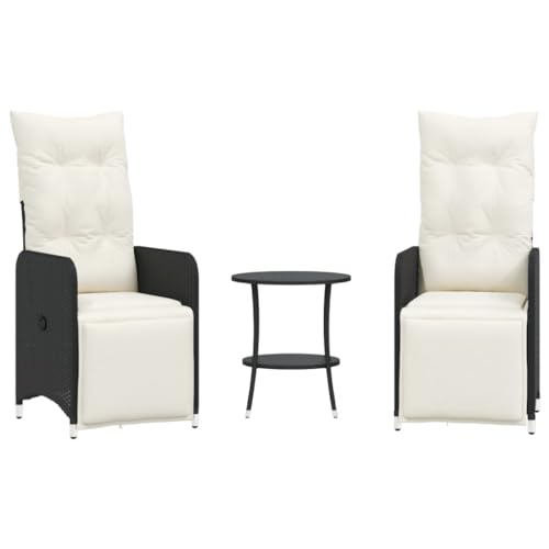 XHNIFBN Salon de Jardin 2 Chaises Inclinables et 1 Table Basse en Résine Tressée Noire, Fauteuils d'Extérieur Réglables avec Coussins Crème pour Terrasse...