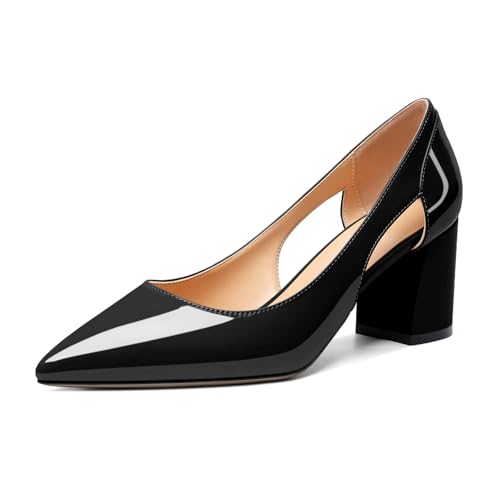 Zamikoo Women's Mid Block Heel Pumps, Pointed Toe Slip On Cutout Chunky Heels Ladies Office Event Party Dress Shoes 2.5 Inches