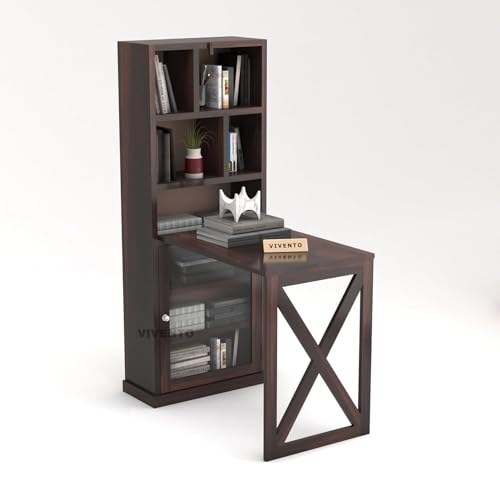 Image of SUNCOM Solid Sheesham Wood Study Table for Adults |Wooden Study Table with Bookself | Wooden Writing Desk Work from Home | Rosewood | Already Assembly, Walnut Finish