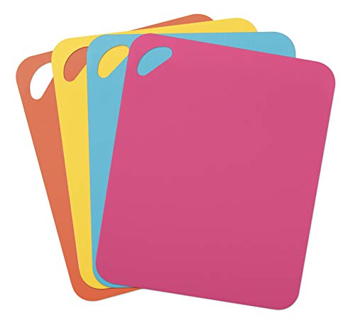 Image of Dexas Heavy Duty Cutting Board Grippmat, Flexible Cutting Boards for Kitchen, Set of 4, Non Slip Plastic Board Cutting Mat 11.5 by 14 inches, Bright Blue, Yellow, Orange and Pink Set Kitchen Gadgets