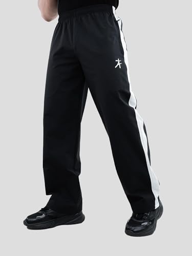 Image of Athflex Classic Stripe Pants for Men Straight Fit Lightweight Parachute Fabric Track Pants Men Athletic Bottom Wear Casual Street Style Lounge Pants Black