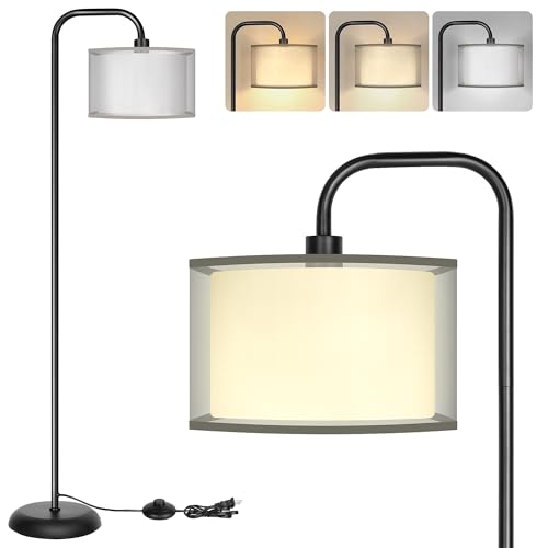 PARTPHONER LED Floor Lamp for Living Room, Modern Standing Lamp with Foot Switch Grey Organza Fabric Shade Tall Pole Reading Lamp for Bedroom Study Room Office, 9W Bulb Included