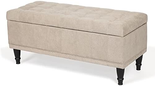 Joveco Storage Ottoman Linen Fabric Upholstered Tufted Bench with Wood Legs, Rectangular Coffee Table Footstool for Bedroom Living Room Entryway (Beige)