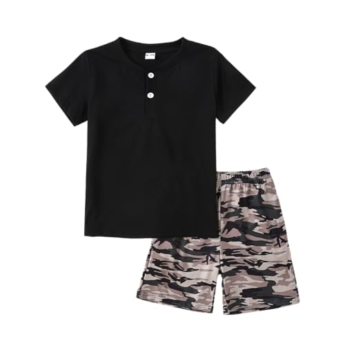 FtcoDcik Boy's 2-Piece Summer Outfit Short Sleeve Henley Tee and Shorts Set Casual Clothes for 6-13 Years Kids(8-9Y)
