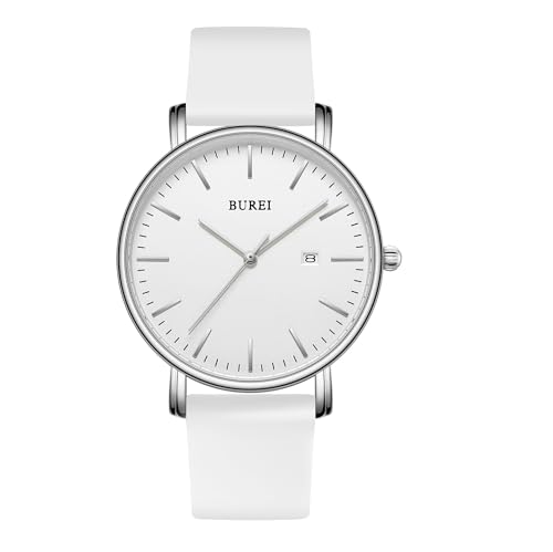 BUREI Relojes de pulsera para hombre de moda, minimalista, analógico, silicona, cuarzo, resistente al agua, relojes para hombres, Blanco., Minimalista