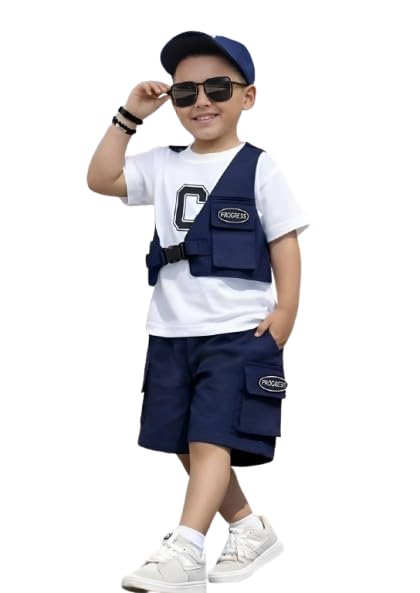 Image of Kids Boys 3-Piece Outfit Set | Half Sleeve T-Shirt, Utility Vest & Cargo Shorts with Cap | Stylish Casual Summer Clothing Set for Boys