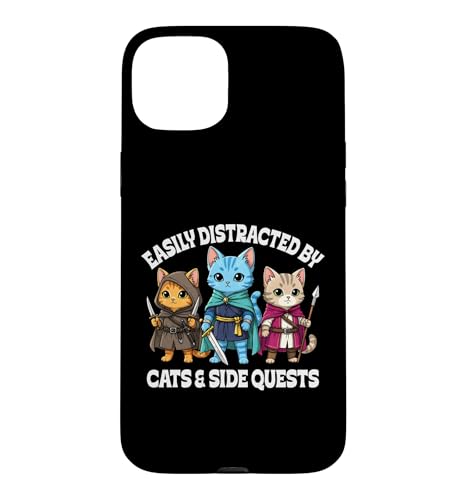 Easy Distracted by Cats & Side Quest �t�@�j�[�Q�[�}�[���`�[�t �X�}�z�P�[�X iPhone 15 Plus �p