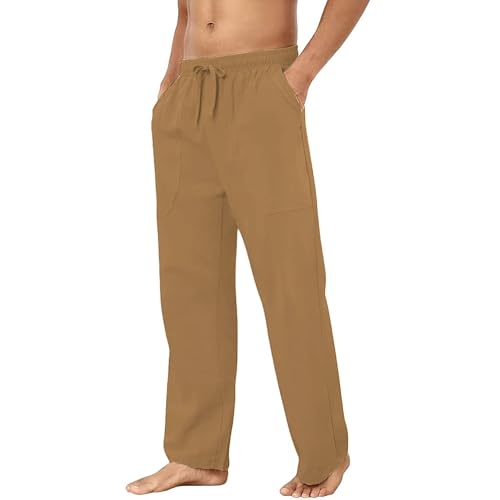 Mens Cotton Linen Pants Loose Fit Casual Lightweight Drawstring Waist Beach Trousers Summer Relaxed Fit Lounge Pants4
