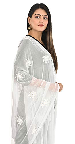 Image of YOUTHQUAKE Flower Embroidered Diamond Work Chiffon Dupatta for Womens & Girls With 4 Side Lace