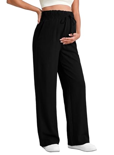 BLENCOT Maternity Pants Wide Leg High Waisted Flowy Pregnancy Clothes Fashion Plus Size Scrubs Pants Business Casual Summer Spring Postpartum Outfits Trousers for Women with Pockets X-Large Black