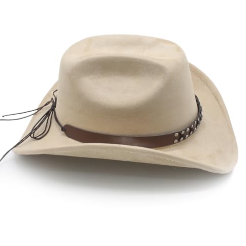 Image of Cowboy Hat for Women Men Wide Brim Western Cowgirl Hat Roll up Brim with Belt Buckle Classic Suede Country Cowboy Hat