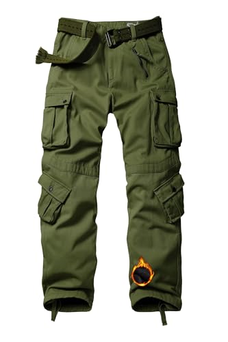 VATINNT Men's Fleece Lined Work Cargo Trousers, Thermal Multi Pockets Camouflage Military Tratical Pants 3358 ArmyGreen 40