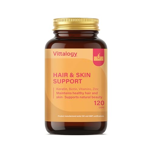 VITTALOGY Hair & Skin Support Complemento Alimenticio de Vitaminas, Biotina, Queratina y Zinc para Fortalecer Pelo, Piel y Uñas. Suplemento Natural Contra Caida Cabello de Mujer y Hombre. 120 Cápsulas