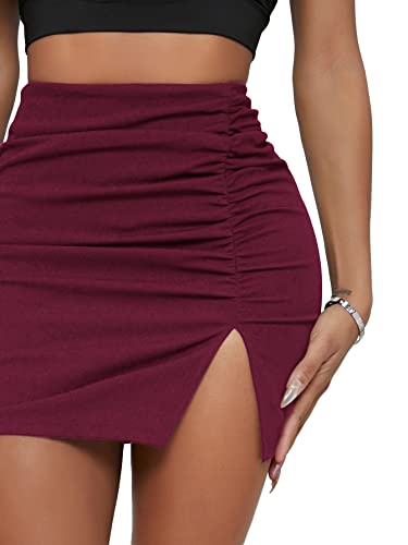 Shein Women's High Waisted Ruched Mini Skirt Split Hem Solid Bodycon Club Pencil Skirt Burgundy X-Large #TOP2