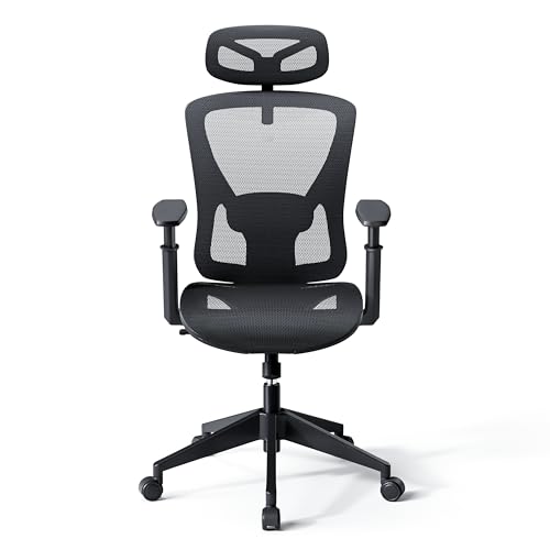Aminiture Silla de Oficina ergonómica, Silla de Escritorio con reposacabezas Ajustable, apoyabrazos, Soporte Lumbar, Silla giratoria con función de balanceo, cuida la Espalda, soporta hasta 150 kg